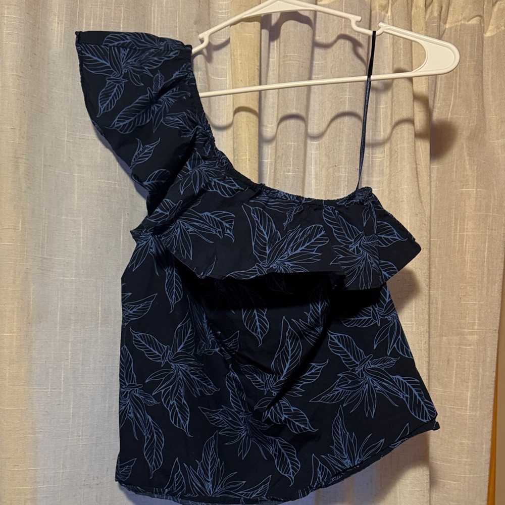 Banana Republic Navy Leaf Print One-Shoulder Top